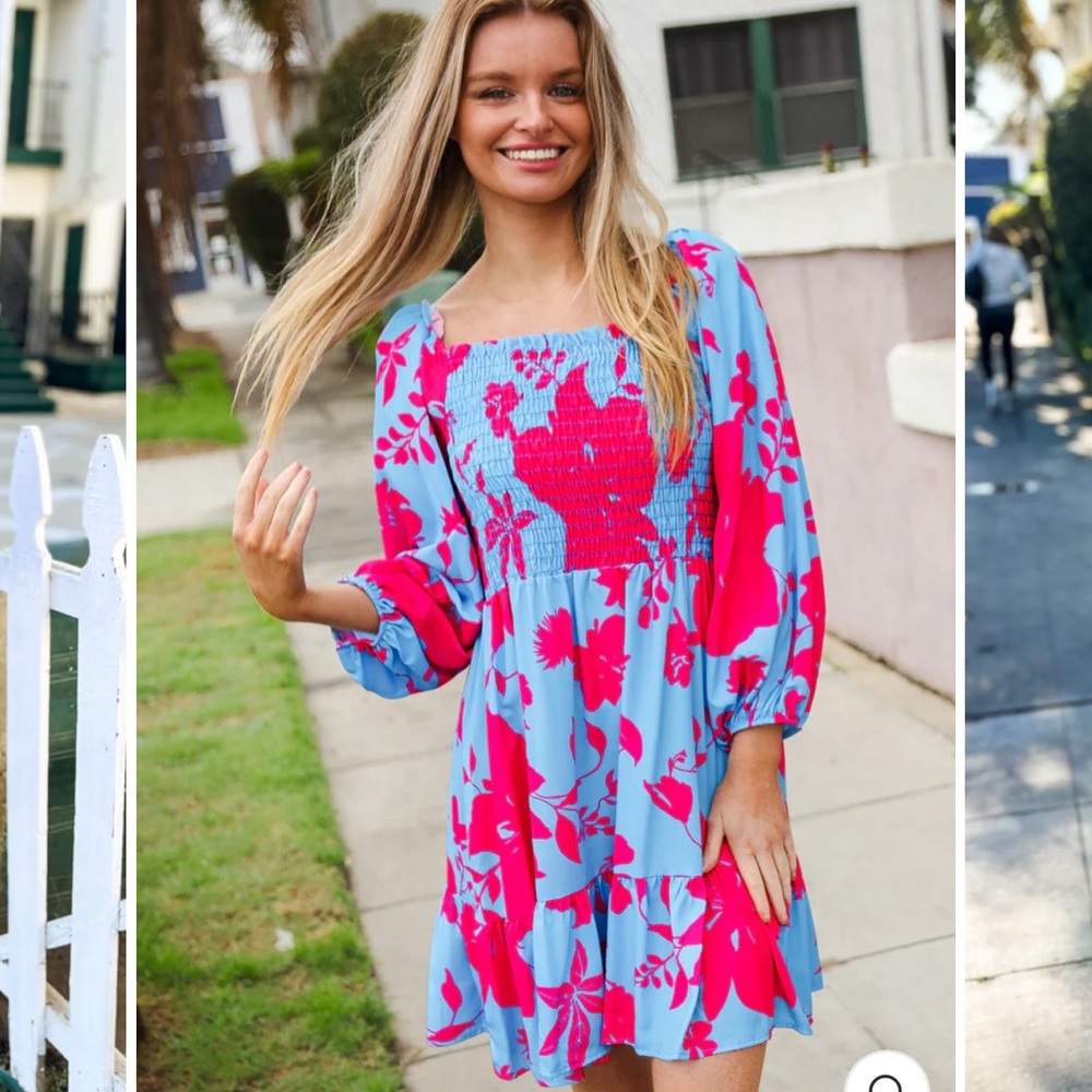 Smocked Square-Neck Floral Dress in Blue and Hot Pink